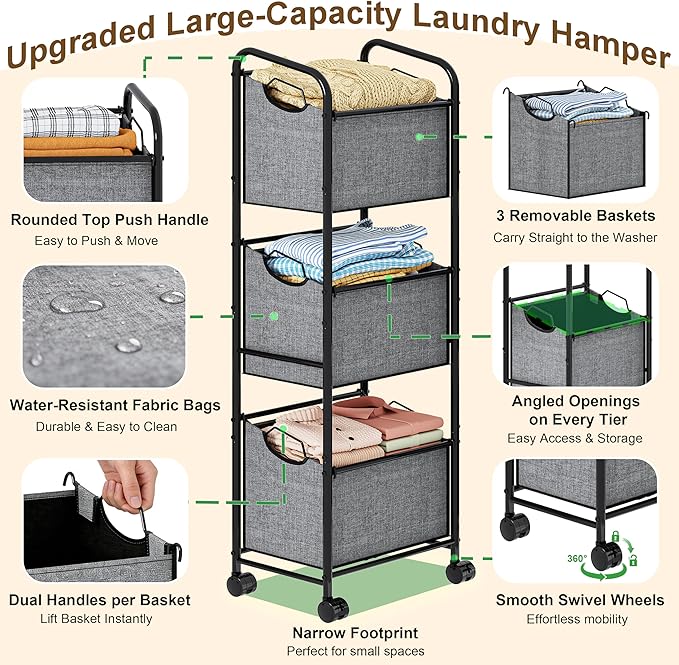 110L Vertical Rolling Laundry Basket Organizer with Wheel, 3-Tier Dirty Clothes Laundry Hamper, 3-Section Laundry Sorter Cart, Portable Laundry Baskets for Small Space, Dorm, Laundry, Closet, Bathroom