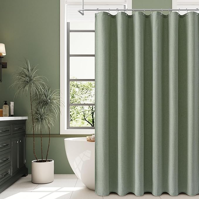 Naturoom Light Sage Linen Shower Curtain, Country Boho Farmhouse Bath Decor Shower Curtains Neutral Cloth Weighted Textured Fabric Bath Curtain Liner with Hooks, 72x84