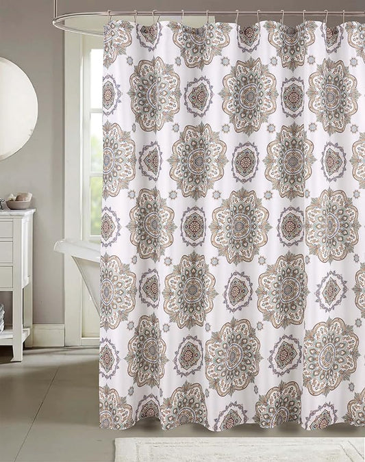 Serafina Home Hotel Quality Fabric Bathroom Shower Curtain: Floral Damask - Blue, Green, Brown, Taupe and Creme (72 x 70 inches)
