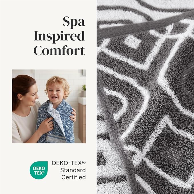 Modern Threads Classic Diamond 6-Piece 100% Cotton Towel Set – Yarn Dyed Jacquard – Includes 2 Bath Towels, 2 Hand Towels, 2 Washcloths – Absorbent, Quick Dry, Soft & Durable – Gray