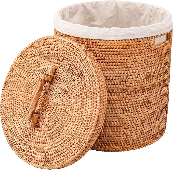 Rattan Laundry Hamper With Lid, Rattan Laundry Basket With Removable Liner And Handles (13.8" L×13.8"W×15.7"H）