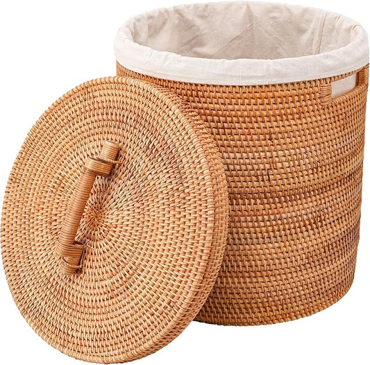 Rattan Laundry Hamper With Lid, Rattan Laundry Basket With Removable Liner And Handles (13.8" L×13.8"W×15.7"H）