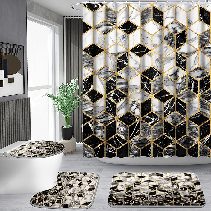 Poedist 4 Pcs Bathroom Shower Curtain Set, Honeycomb Marble Bathroom Sets with Rugs(Bath Mat,U Shape and Toilet Lid Cover Mat) and 12 Durable Hooks