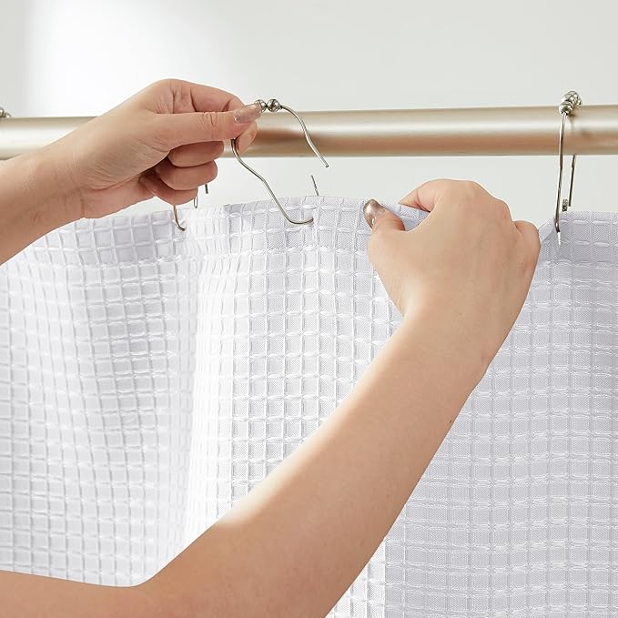 Luxury Waffle Weave Shower Curtain Elegant Hotel Style Fabric for Bathroom, Water Repellent, Machine Washable White Waffle