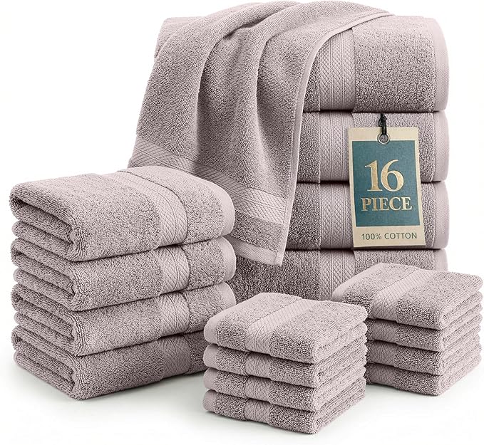 LANE LINEN 100% Mercerized Cotton Bathroom Towel Set - 16 Pcs - Ring Spun, Fluffy, Soft & Highly Absorbent - 4 Bath, 8 Washcloths, 4 Hand Towels - Avaialable in Wide Variety of Colours - Platinum