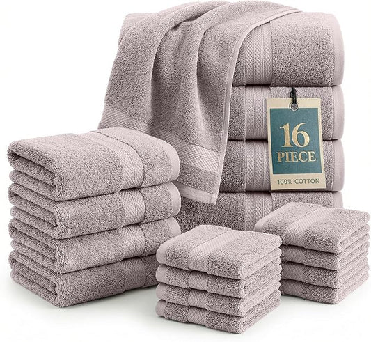 LANE LINEN 100% Mercerized Cotton Bathroom Towel Set - 16 Pcs - Ring Spun, Fluffy, Soft & Highly Absorbent - 4 Bath, 8 Washcloths, 4 Hand Towels - Avaialable in Wide Variety of Colours - Platinum