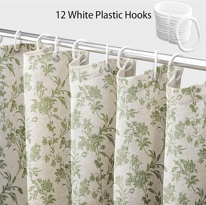 Extra Long Sage Green Shower Curtain Floral Cotton Linen Cottagecore Shower Curtain for Bathroom 72" W x 84" L