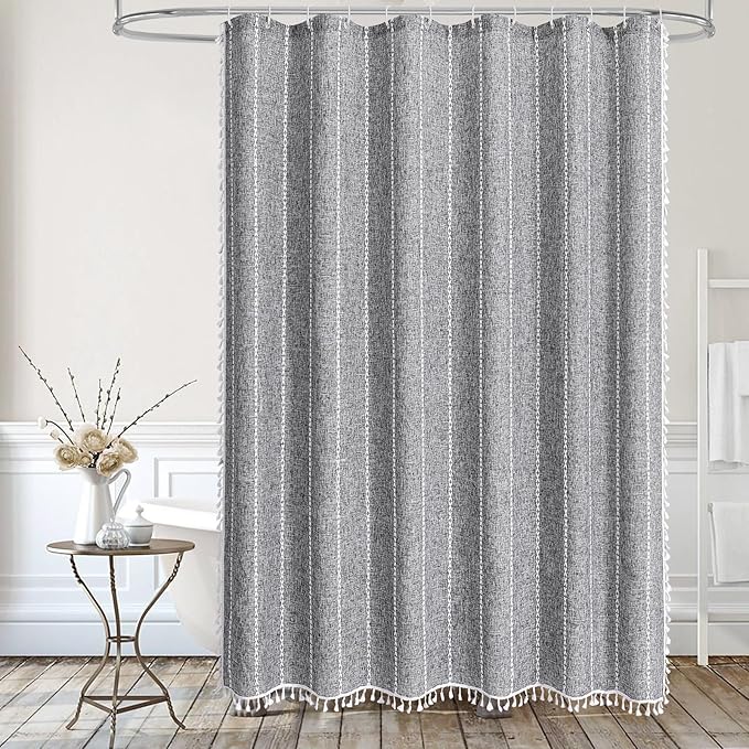 MitoVilla Dark Grey Boho Shower Curtains for Modern Farmhouse Bathroom Decor, Country Thick Polyester Linen Fabric Shower Curtain, Rustic Tassel Cloth Shower Curtain, 72 x 72, Charcoal Grey