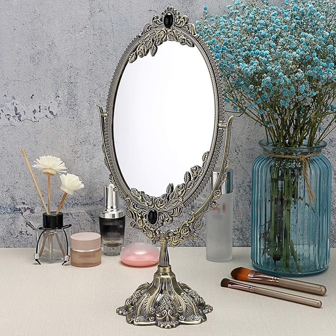 JUXYES Metal Tabletop Antique Decorative Makeup Mirror with Stand, Vintage Swivel Double Sided Cosmetic Mirror with Frame, Retro Desktop Oval Dressing Mirror for Bathroom Bedroom