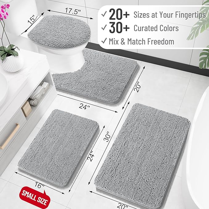 OLANLY Bathroom Rugs 30x18, Extra Soft Absorbent Chenille Bath Rugs, Rubber Backing Quick Dry, Machine Washable Bath Mats for Bathroom Floor, Tub and Shower, Home Decor Accessories, Light Grey