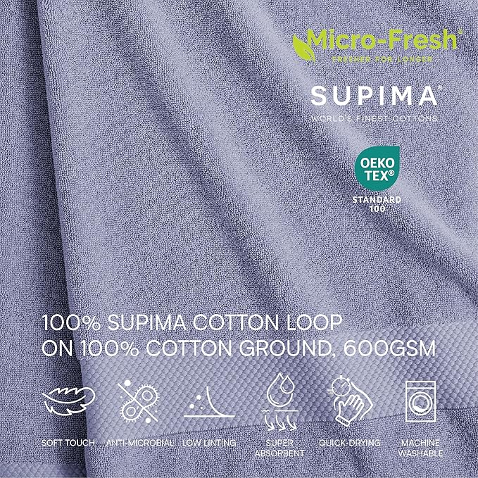 Lacoste Heritage Anti-Microbial Supima Cotton 6-Piece Towel Set, 2 Bath Towels, 2 Hand Towels, 2 Washcloths, Light Denim – Highly Absorbent & Quick Drying, Bathroom Essential, Machine Washable