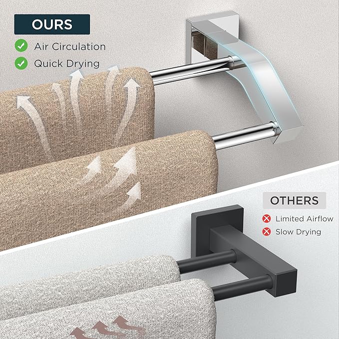 FORIOUS Double Towel Bar, 24 Inch Dual Towel Racks for Bathroom Wall Mounted, Thicken SUS304 Stainless Steel Bath Square Towel Rod Towel Holder Rail, Chrome