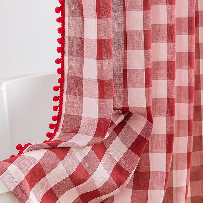VOILYBIRD Red and White Shower Curtain Linen Texture Buffalo Plaid Farmhouse and Boho Mix with Pompoms 36"x72"
