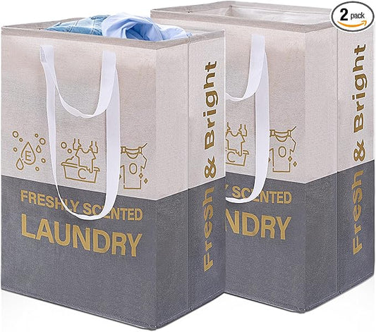 ELONG HOME 2 Pack Laundry Baskets, 92L Freestanding Laundry Basket with Handles, Waterproof Tall Collapsible Clothes Hamper for Dorm, Bedroom, Bathroom