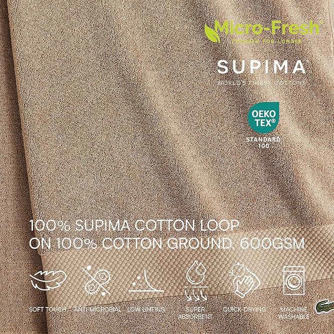 Lacoste Heritage 100% Supima Cotton Bath Sheet, Sand, 35" x 70" – Highly Absorbent & Quick Drying, Premium Super Soft Bath Towel, Bathroom Essential, Gift for All Occasions, Machine Washable