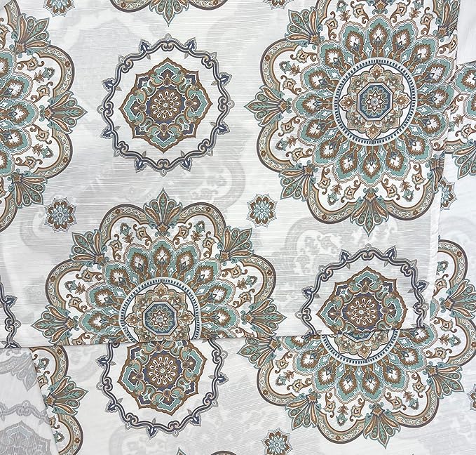 Serafina Home Hotel Quality Fabric Bathroom Shower Curtain: Floral Damask - Blue, Green, Brown, Taupe and Creme (72 x 70 inches)