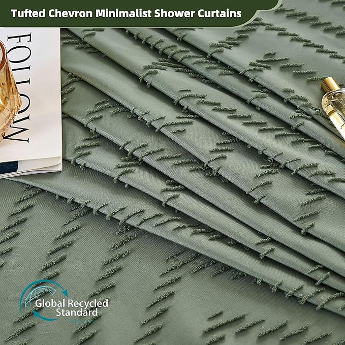 Extra Long Sage Green Boho Shower Curtain with Tassel, Woven Fabric 84 in Shower Curtain, Tufted Chevron Striped, 72 x 84, Modern Chic Textured Minimalist Bathroom Shower