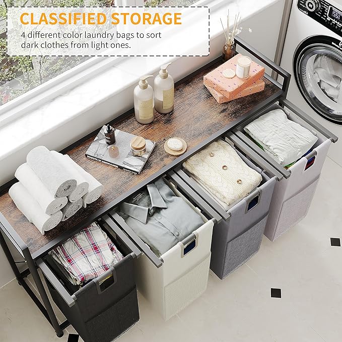 LIVEHOM Laundry Basket Four Laundry Hamper with Removable Bags, Fabric Handles, Large Top Shelf and Laundry Bag for Bathroom, Dorm, Laundry Room