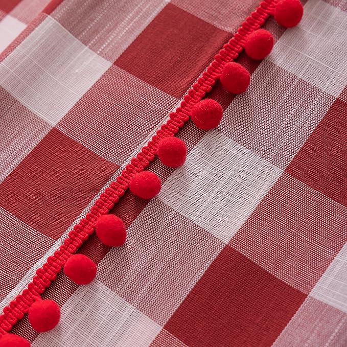 VOILYBIRD Red and White Shower Curtain Linen Texture Buffalo Plaid Farmhouse and Boho Mix with Pompoms 36"x72"