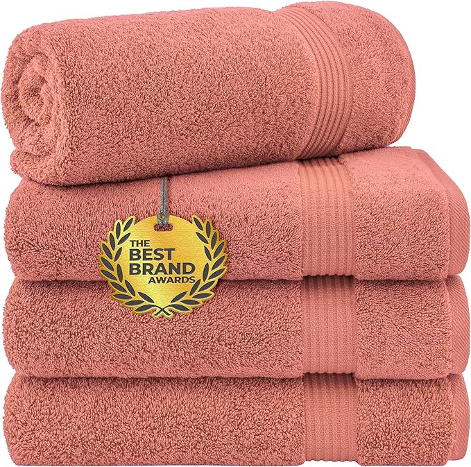 Cotton Paradise 4 Piece Turkish Bath Towels for Bathroom, 100% Cotton Extra Large Soft Plush Towels Bathroom Set, Coral
