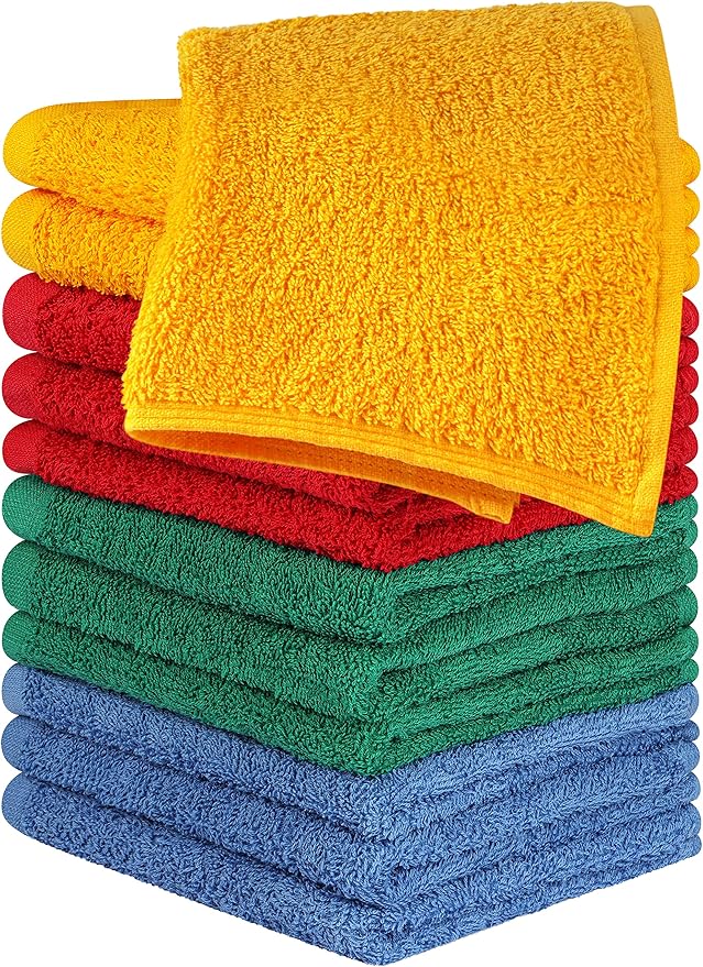Utopia Towels 12 Pack Cotton Washcloths Set, 100% Ring Spun Cotton, Premium Flannel Face Cloths, Highly Absorbent and Soft Feel Fingertip Towels, Electric Blue, Hunter Green, Red, Mustard