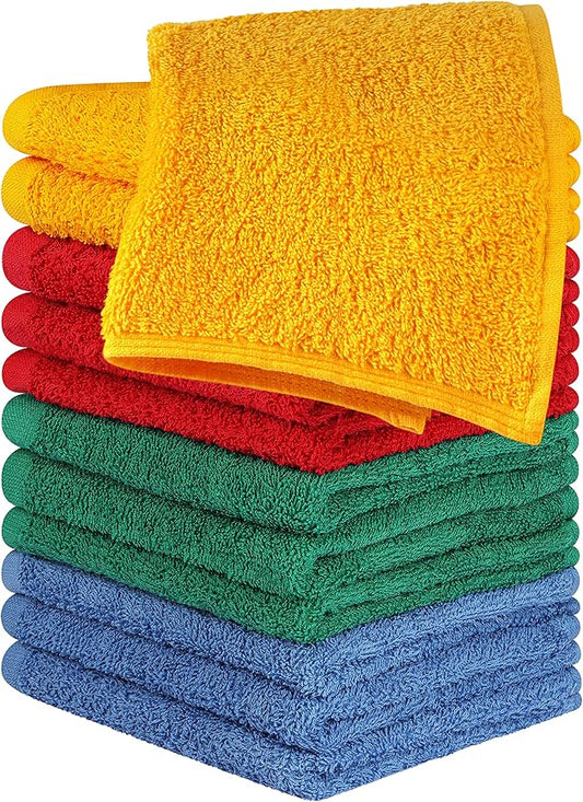 Utopia Towels 12 Pack Cotton Washcloths Set, 100% Ring Spun Cotton, Premium Flannel Face Cloths, Highly Absorbent and Soft Feel Fingertip Towels, Electric Blue, Hunter Green, Red, Mustard