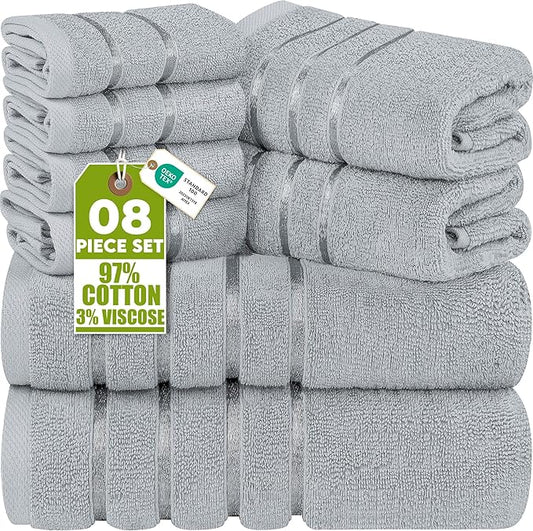 Utopia Towels 8 Piece Luxury Towel Set, 2 Bath, 2 Hand, and 4 Wash Cloths, 600 GSM Ring Spun Cotton, Highly Absorbent Viscose Stripe Towels, Ideal for Everyday use, Cool Grey