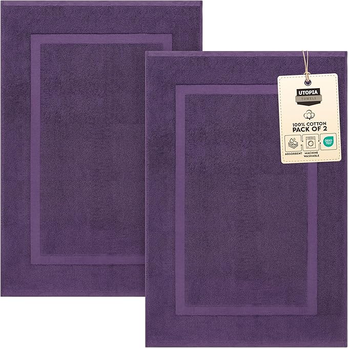 Utopia Towels Cotton Banded Rug, Bath Mats, Not a Bathroom Rug, 21 by 34 Inches, 100% Ring Spun Cotton, Highly Absorbent Shower Bathroom Floor Mat, Plum, 2 Pack