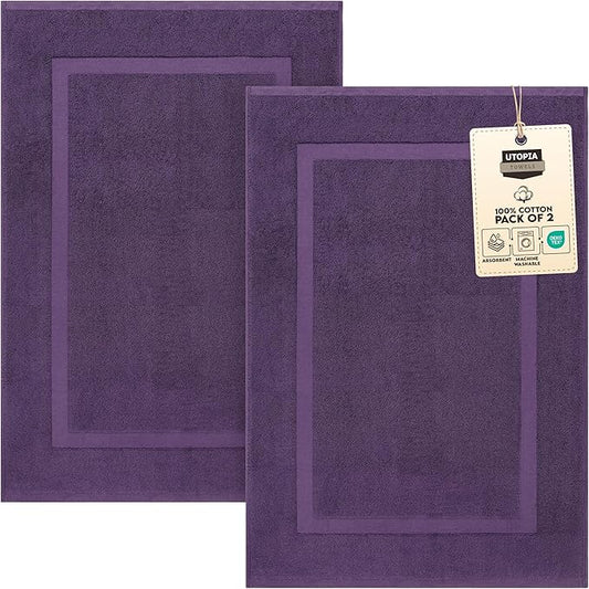 Utopia Towels Cotton Banded Rug, Bath Mats, Not a Bathroom Rug, 21 by 34 Inches, 100% Ring Spun Cotton, Highly Absorbent Shower Bathroom Floor Mat, Plum, 2 Pack