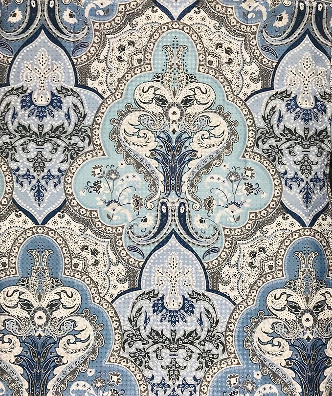Decorative Blue & Silver Grey Gray Boho Fabric Shower Curtain, Modern Farmhouse for Vintage Rustic Bathroom Decor, Floral Victorian, 72 x 72