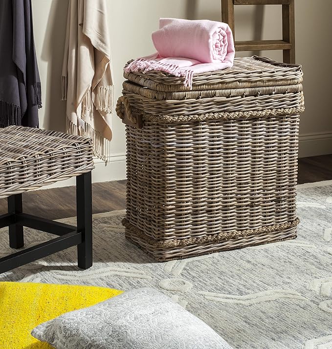 SAFAVIEH Home Collection – Sidonie Grey Rattan Storage Hamper, Wicker Storage Basket with Iron Frame for Bedroom, Bathroom or Living Room, Fully Assembled (SEA7020A)