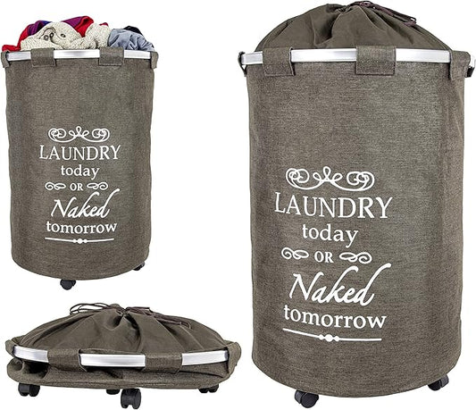 dbest products Bigger Laundry Trolley 360 Rolling Hamper Basket on wheels Bag Cart Large Capacity with Removable Liner for Dirty Clothes Drawstring Cover 4 Swivels, Brown