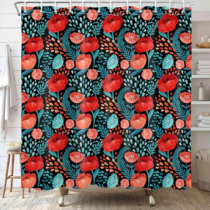 Red Floral Shower Curtain Butterfly Flower Bathroom Shower Curtain Set Boho Cute Shower Curtains Fabric Cloth Shower Curtain