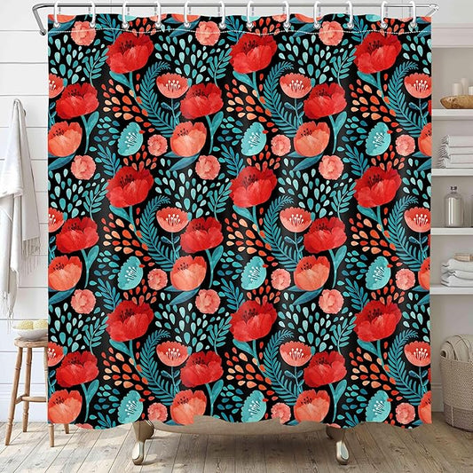 Red Floral Shower Curtain Butterfly Flower Bathroom Shower Curtain Set Boho Cute Shower Curtains Fabric Cloth Shower Curtain