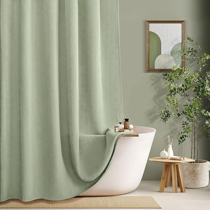 Sage Green Shower Curtain Boho Cotton Texture Mid Century Minimalist Arch Shower Curtain for Bathroom,48" W X 72" L
