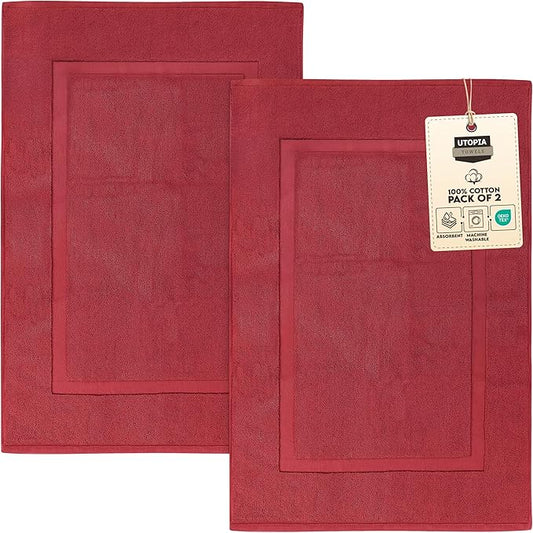 Utopia Towels Cotton Banded Rug, Bath Mats, Not a Bathroom Rug, 21 by 34 Inches, 100% Ring Spun Cotton, Highly Absorbent Shower Bathroom Floor Mat, Red, 2 Pack