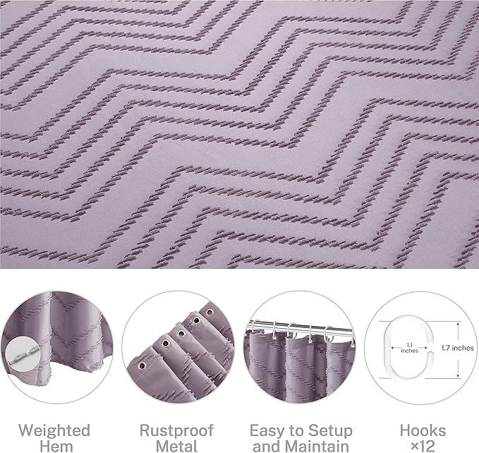 Boho Shower Curtain Woven Fabric Purple Cute Shower Curtain Modern Farmhouse Textured Tufted Chevron Striped Minimalist 72 x 72 Bathroom Shower Curtain Set with Hooks