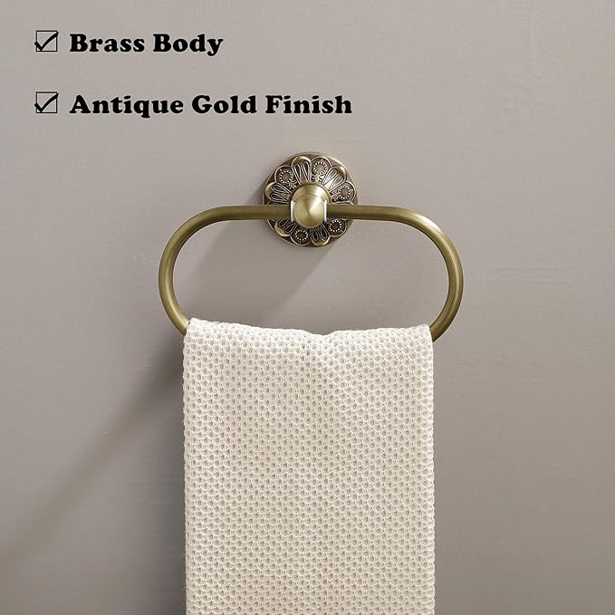 Antique Gold Towel Ring, Oval Hand Towel Holder Wall Mount, Vintage Decorative Bathroom Accessories, Brass Petal-Relief Series