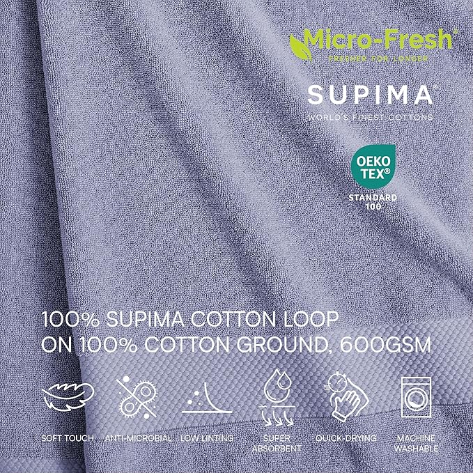 Lacoste Heritage 100% Supima Cotton Hand Towel, Light Denim, 16" x 30" – Highly Absorbent & Quick Drying, Premium Super Soft Bath Towel, Bathroom Essential, Gift for All Occasions, Machine Washable