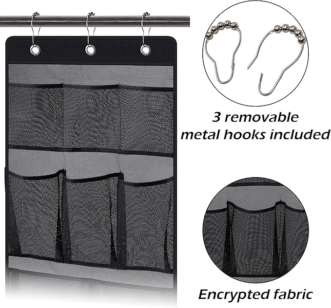 KIMBORA Mesh Shower Caddy Hanging Bathroom Organizer Storage with 2 Large Pockets 3 Rings Hang Curtain Rod for Dorm Cruise RV, Black