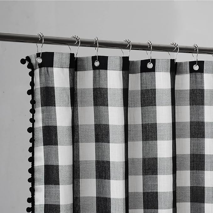 VOILYBIRD Black and White Shower Curtain Linen Texture Buffalo Plaid Farmhouse and Boho Mix with Pompoms 36"x72"