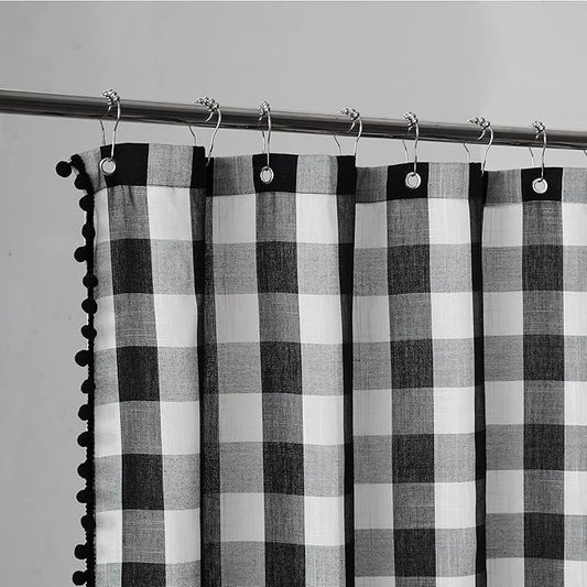 VOILYBIRD Black and White Shower Curtain Linen Texture Buffalo Plaid Farmhouse and Boho Mix with Pompoms 72x72