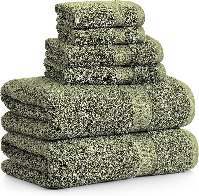 LANE LINEN 100% Cotton Bathroom Towel Set - 6 Pcs - Ringspun, Quick Dry, Super Soft & Highly Absorbent - 2 XL Bath Towels, 2 Washcloths, 2 Hand Towels - Tumble Dry regains Fluffiness - Oil Green