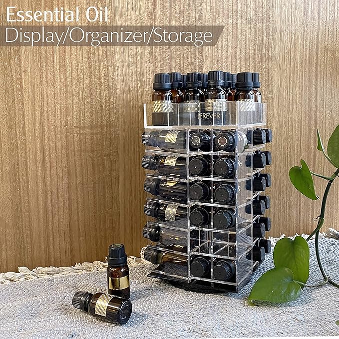 JEREVER Essential Oil Storage Rack Rotating Tower Organizer Acrylic Clear Display Holder for 64 bottles 5ml 10ml 15ml (Bottles not Included)