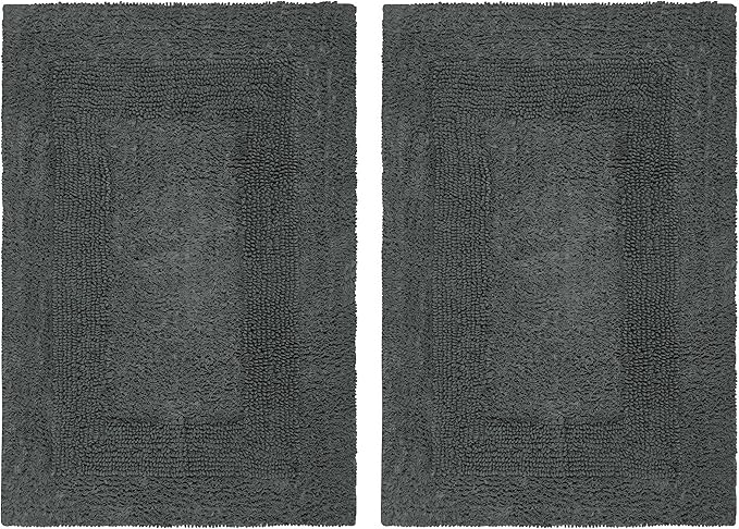 COTTON CRAFT Luxurious Bath Mat Rug - Set of 2 Reversible Heavyweight Step Out Bath Mats for Bathroom Floor, Tub and Shower - Pure Cotton Soft Plush Absorbent Hand Tufted Mat - 17 x 24 - Charcoal Grey
