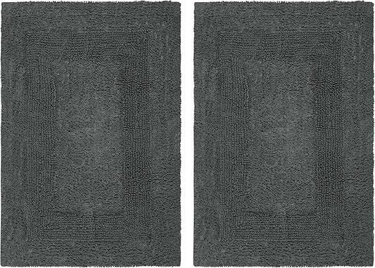 COTTON CRAFT Luxurious Bath Mat Rug - Set of 2 Reversible Heavyweight Step Out Bath Mats for Bathroom Floor, Tub and Shower - Pure Cotton Soft Plush Absorbent Hand Tufted Mat - 17 x 24 - Charcoal Grey