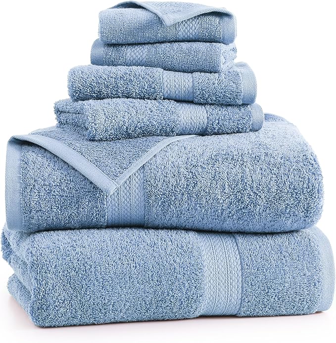 LANE LINEN 100% Cotton Premium Bathroom Towels Set - 6 Pieces - Ring Spun, Quick Dry, Super Soft & Highly Absorbent - 2 Bath, 2 Washcloths, 2 Hand Towels for Bathroom - Pre Shrunk - Cerulean Blue