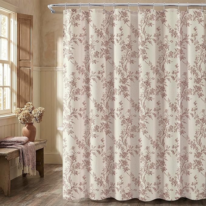 Brown Floral Farmhouse Vintage Linen Shower Curtain, French Country Cottagecore Shower Curtain for Bathroom