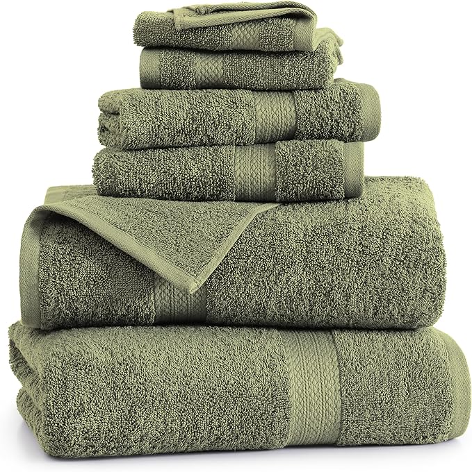 LANE LINEN 100% Cotton Bathroom Towel Set - 6 Pcs - Ringspun, Quick Dry, Super Soft & Highly Absorbent - 2 XL Bath Towels, 2 Washcloths, 2 Hand Towels - Tumble Dry regains Fluffiness - Oil Green