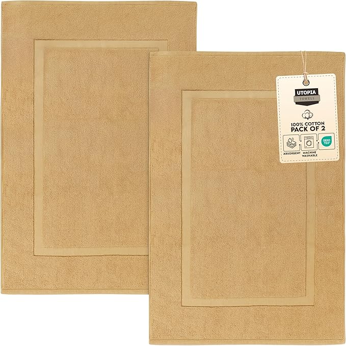 Utopia Towels Cotton Banded Rug, Bath Mats, Not a Bathroom Rug, 21 by 34 Inches, 100% Ring Spun Cotton, Highly Absorbent Shower Bathroom Floor Mat, Champagne, 2 Pack